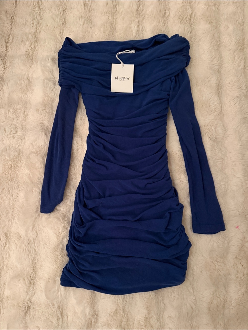 RunAway Blue Off-Shoulder Ruched Long-Sleeve Dress